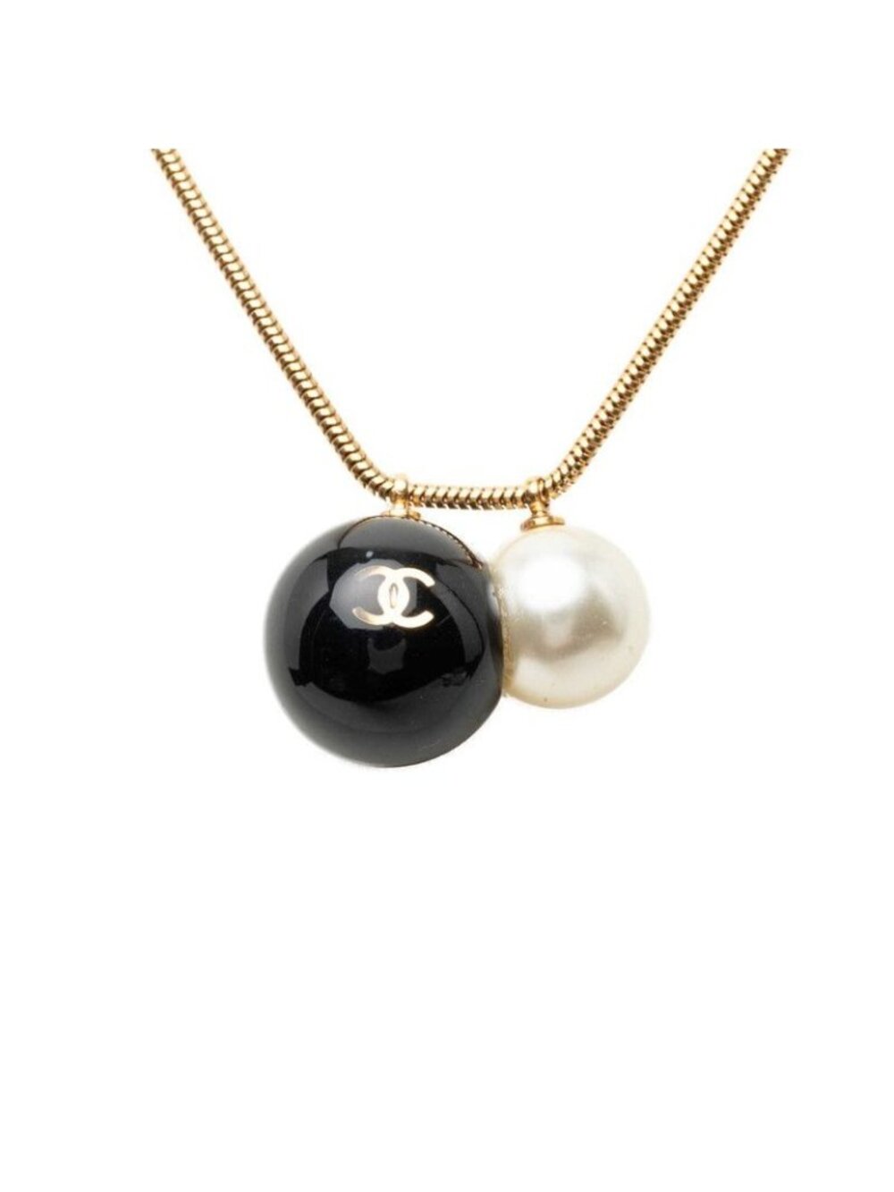 Chanel CC Logo Ball Chain Necklace Gold Black Plated Faux Pearl Plastic